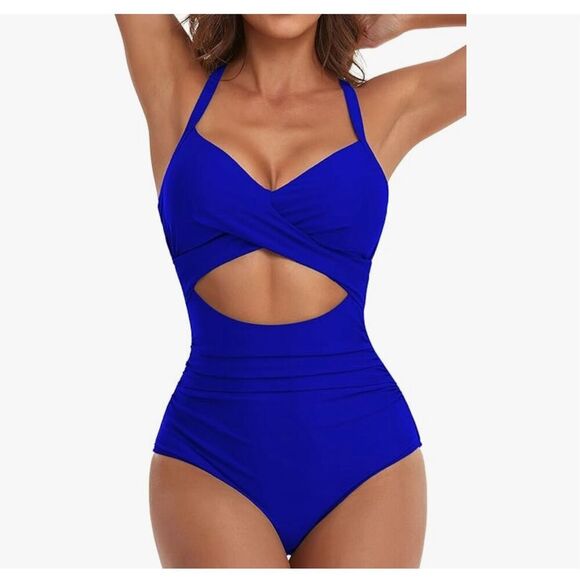NEW Royal Blue 1 Pc Swimsuit Tummy Control Cutout Wrap Tie Back L - Picture 1 of 8